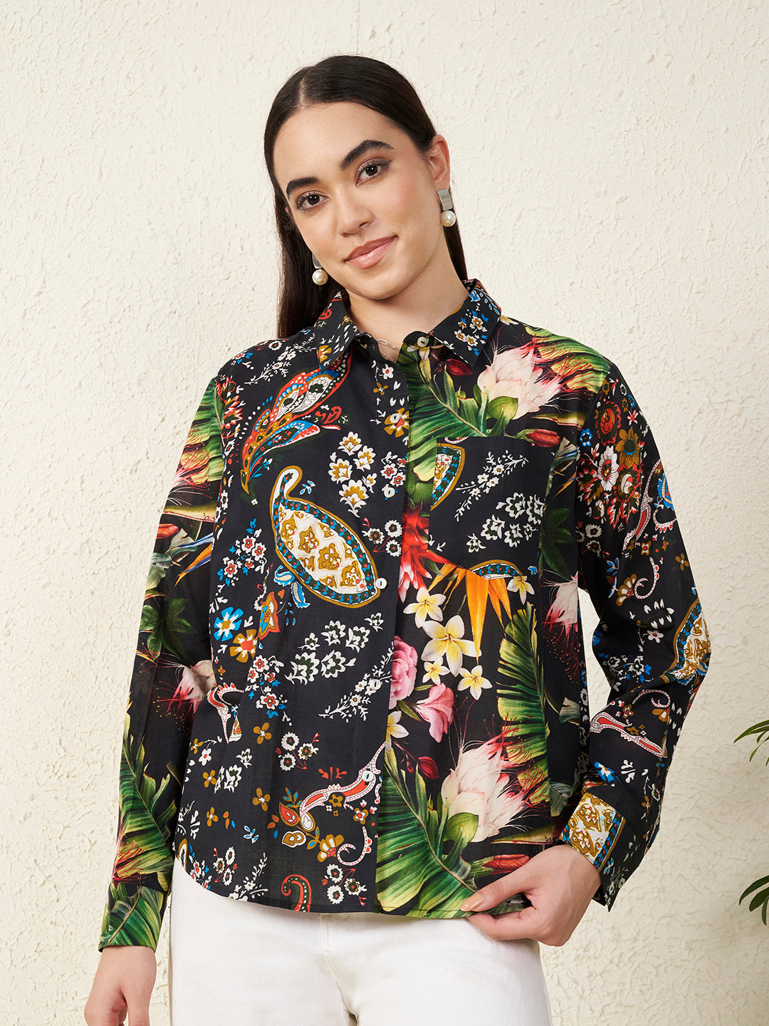 Women’s Black Mixed Paisley & Tropical Print Shirt
