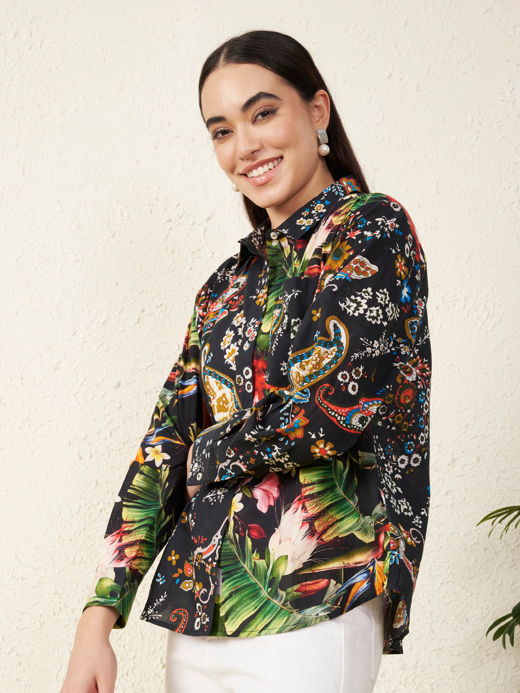 Women’s Black Mixed Paisley & Tropical Print Shirt