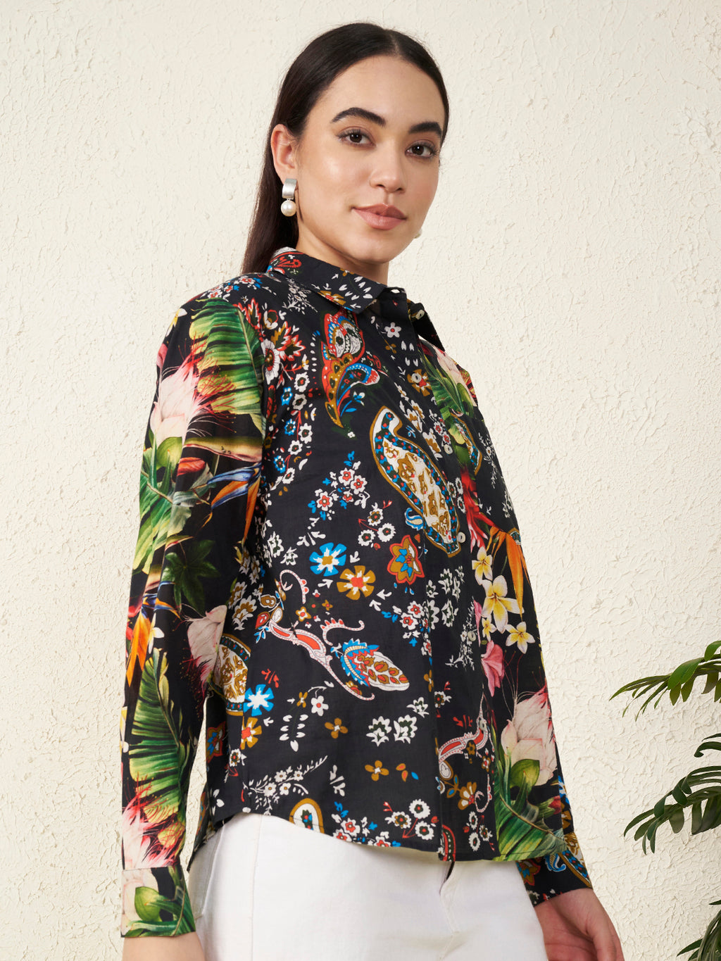 Women’s Black Mixed Paisley & Tropical Print Shirt