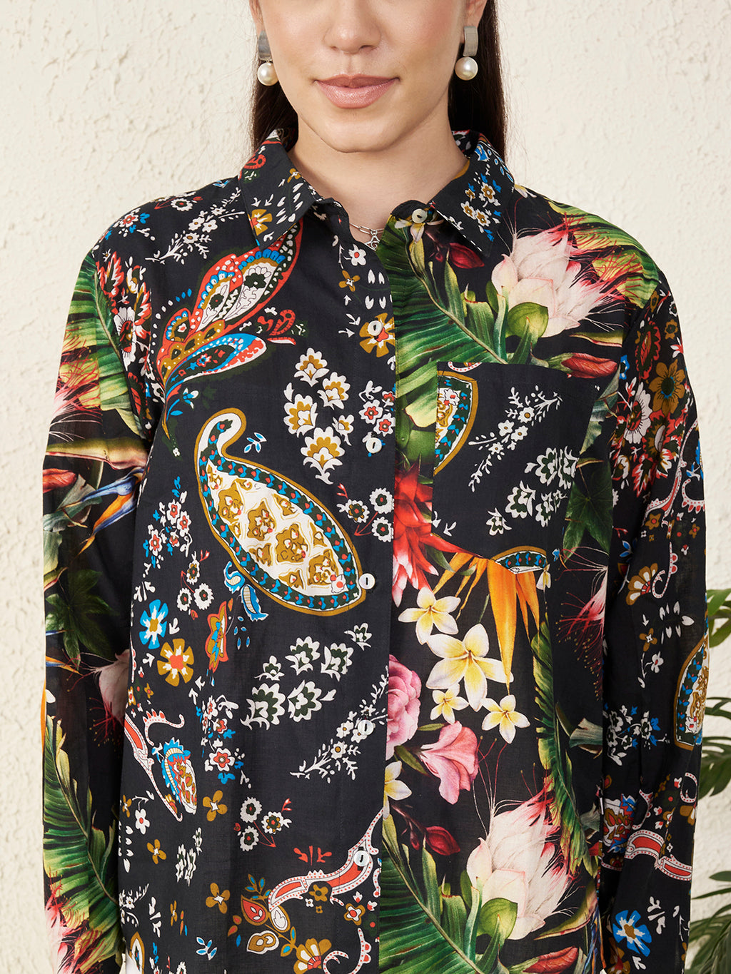 Women’s Black Mixed Paisley & Tropical Print Shirt