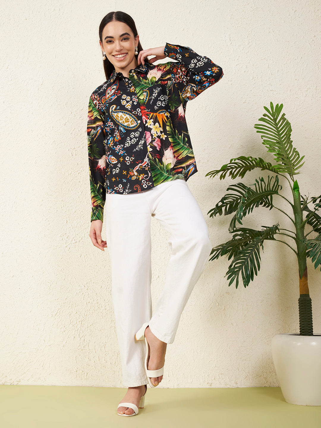 Women’s Black Mixed Paisley & Tropical Print Shirt