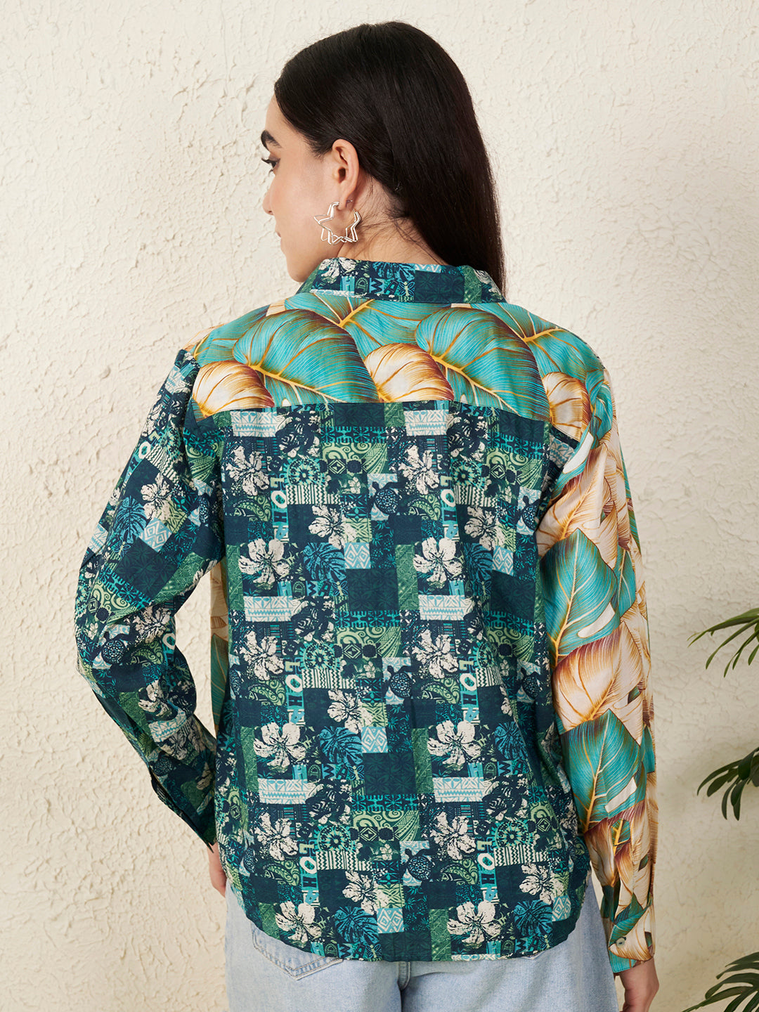 Women’s Green Patch & Tropical Leaf Print Shirt