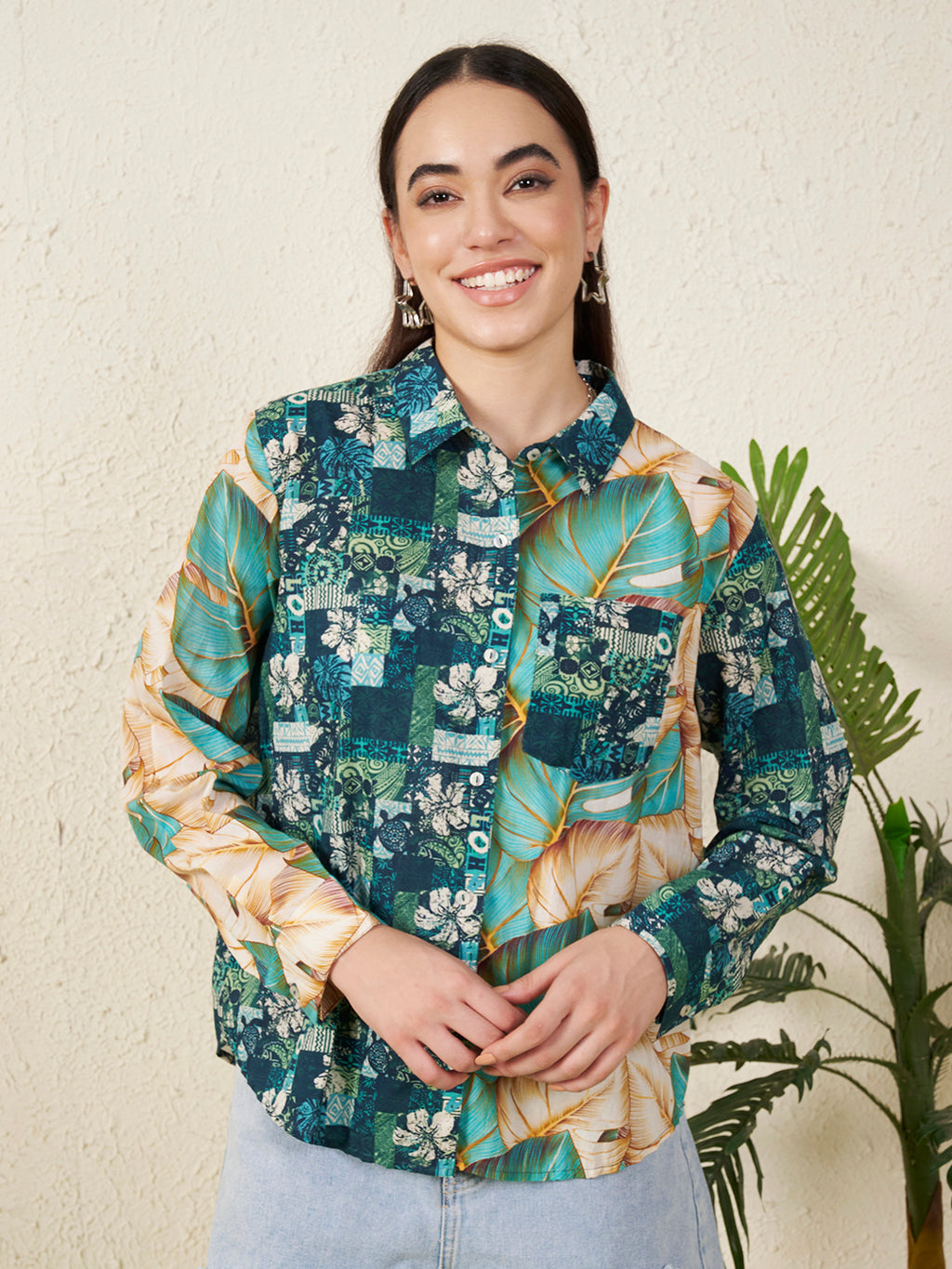 Women’s Green Patch & Tropical Leaf Print Shirt