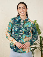 Women’s Green Patch & Tropical Leaf Print Shirt