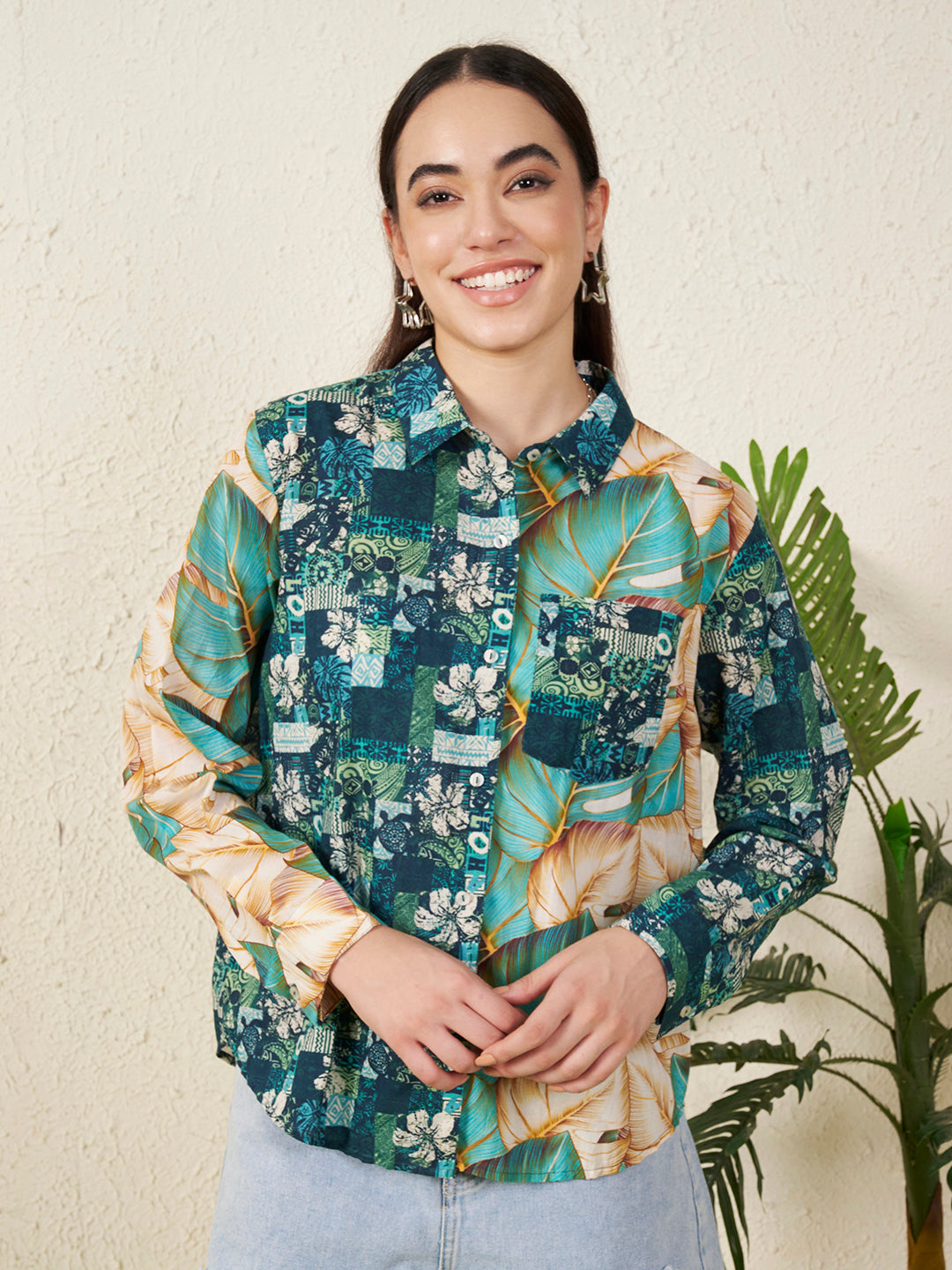 Women’s Green Patch & Tropical Leaf Print Shirt