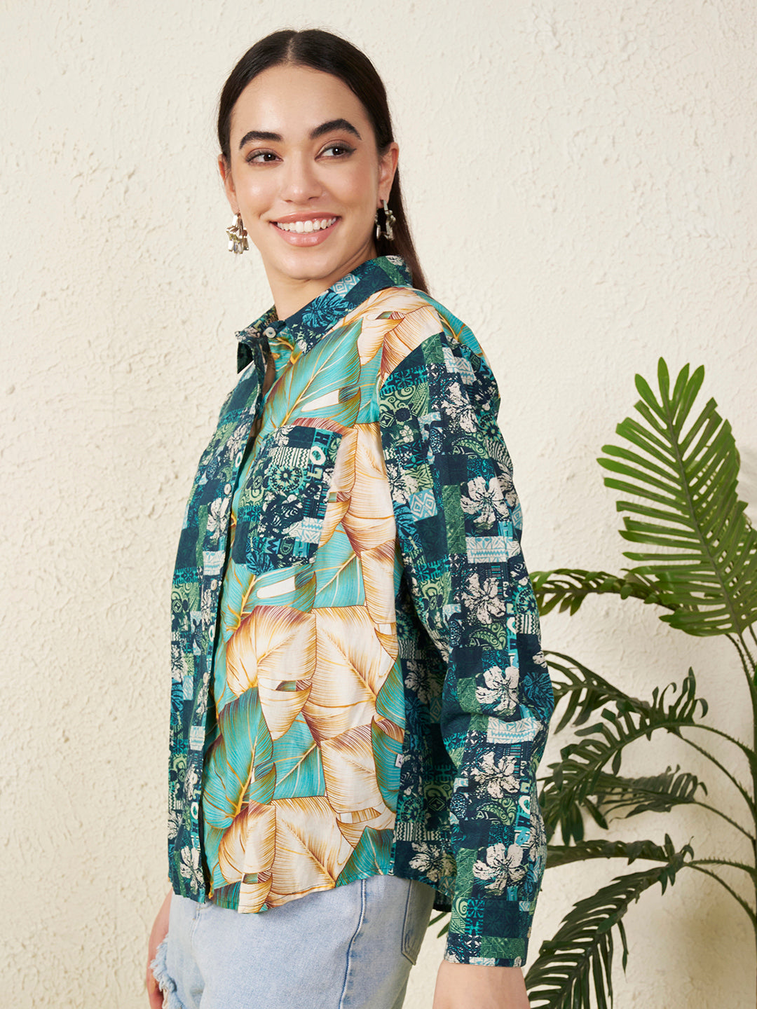 Women’s Green Patch & Tropical Leaf Print Shirt