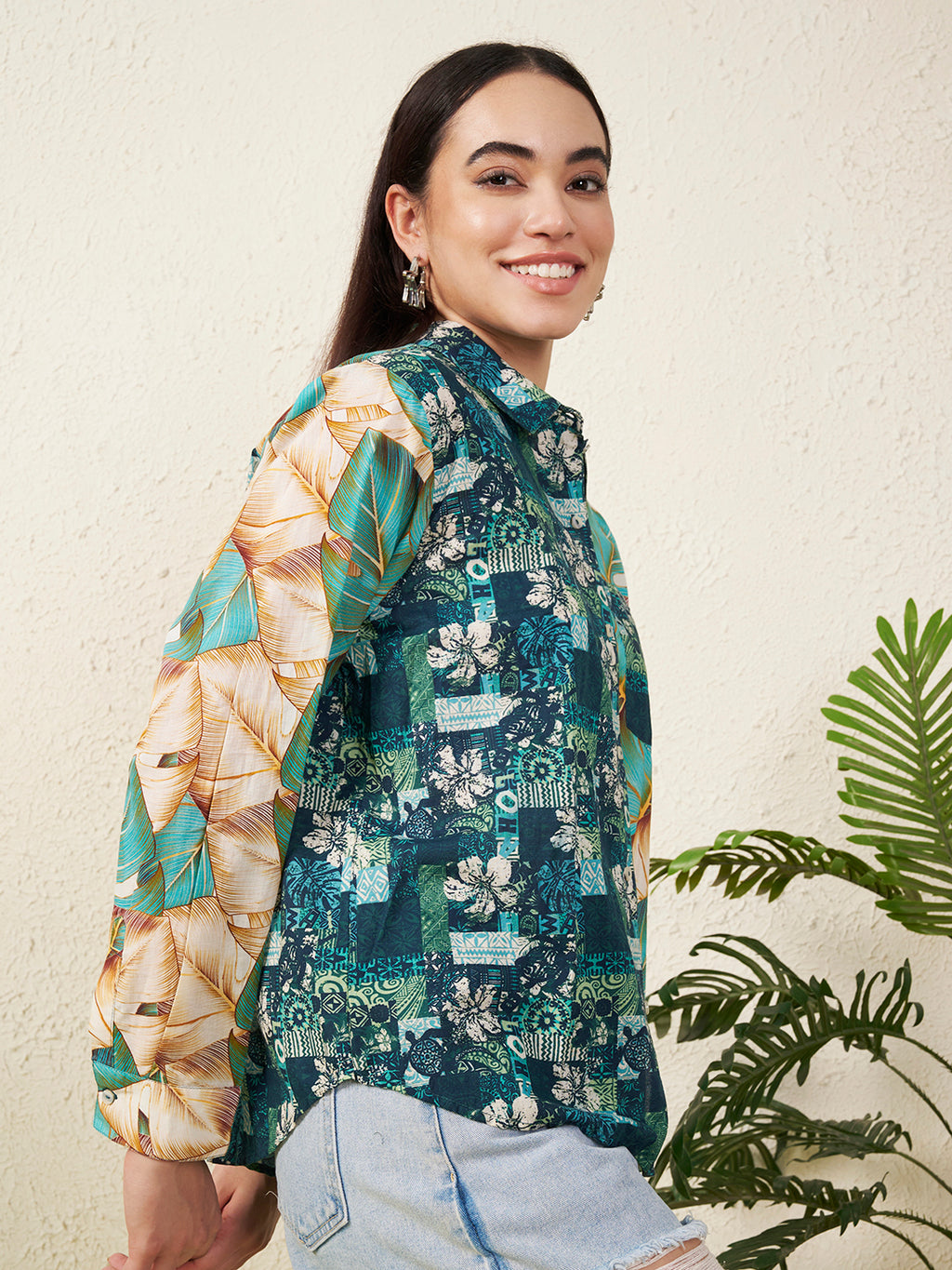 Women’s Green Patch & Tropical Leaf Print Shirt