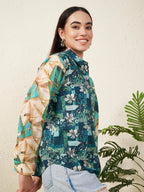 Women’s Green Patch & Tropical Leaf Print Shirt