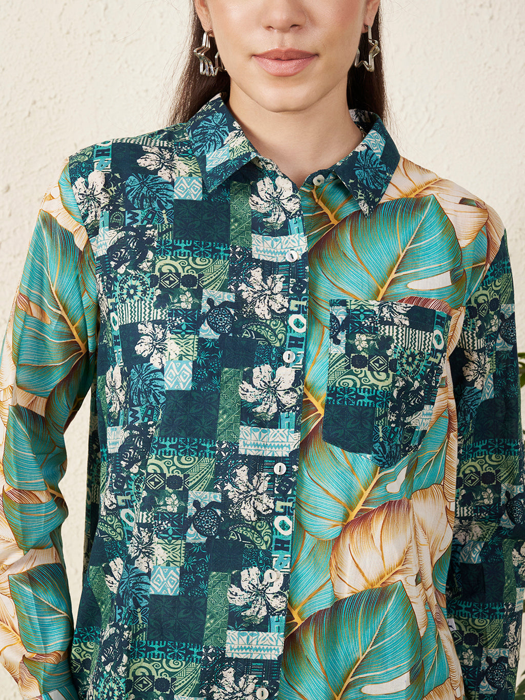 Women’s Green Patch & Tropical Leaf Print Shirt