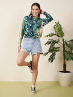 Women’s Green Patch & Tropical Leaf Print Shirt