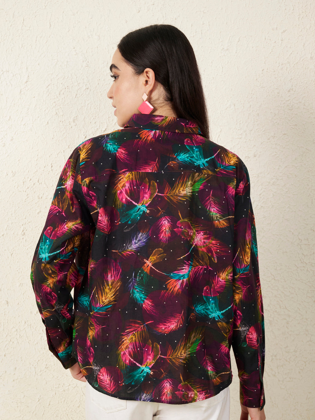 Women’s Black Multicolor Feather Print Shirt