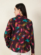 Women’s Black Multicolor Feather Print Shirt