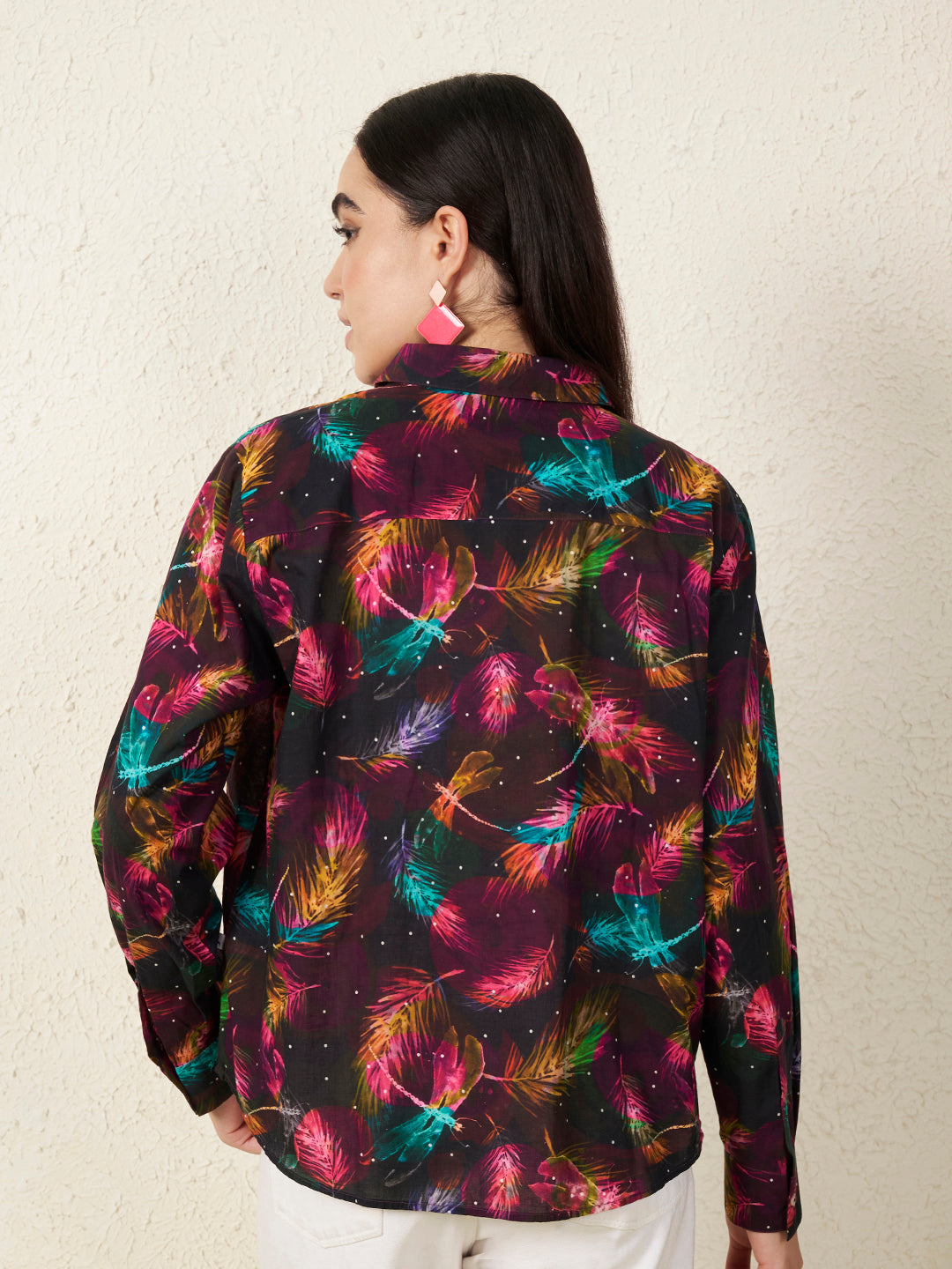 Women’s Black Multicolor Feather Print Shirt