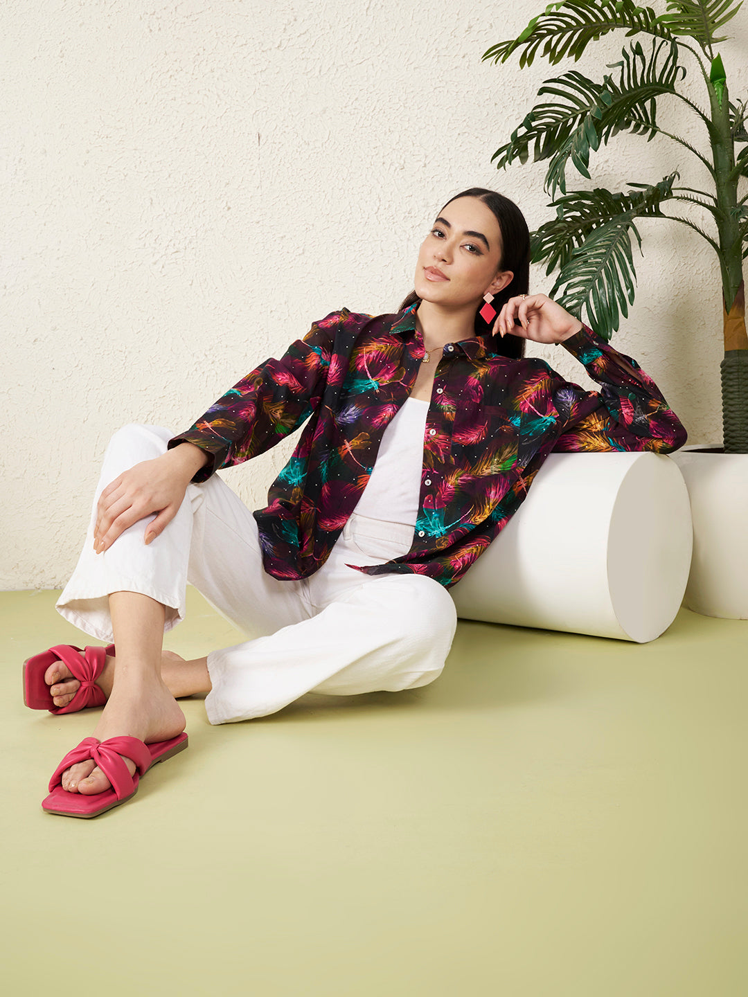 Women’s Black Multicolor Feather Print Shirt