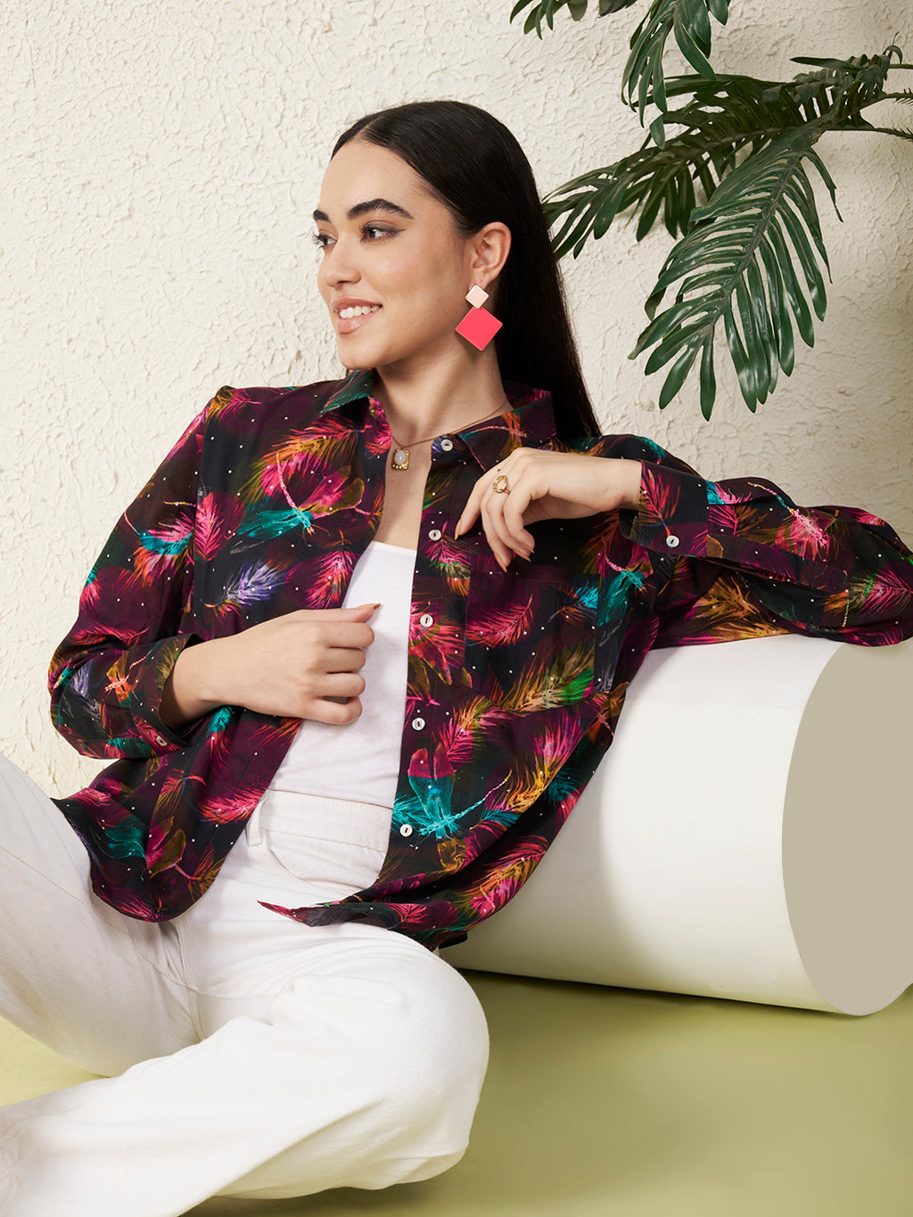 Women’s Black Multicolor Feather Print Shirt