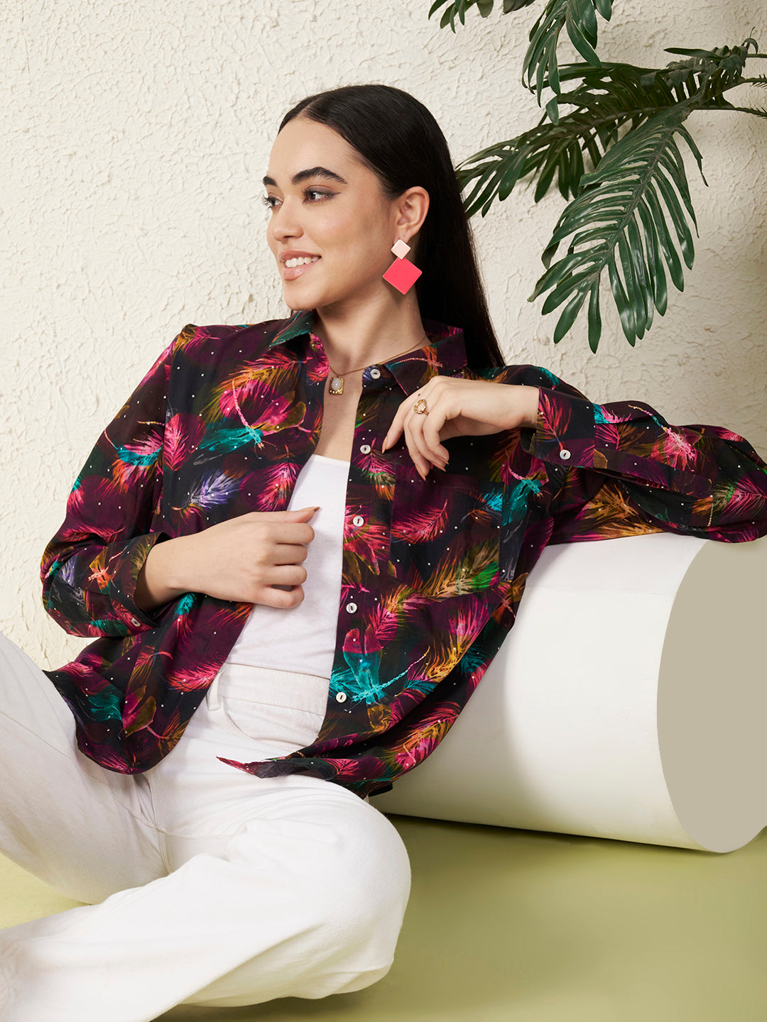 Women’s Black Multicolor Feather Print Shirt