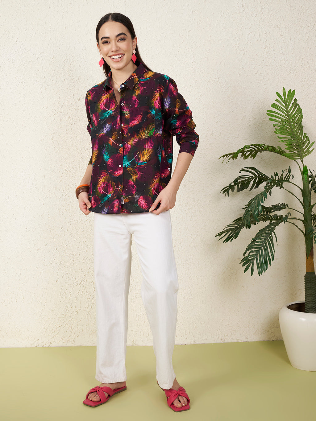 Women’s Black Multicolor Feather Print Shirt