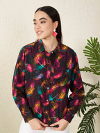 Women’s Black Multicolor Feather Print Shirt