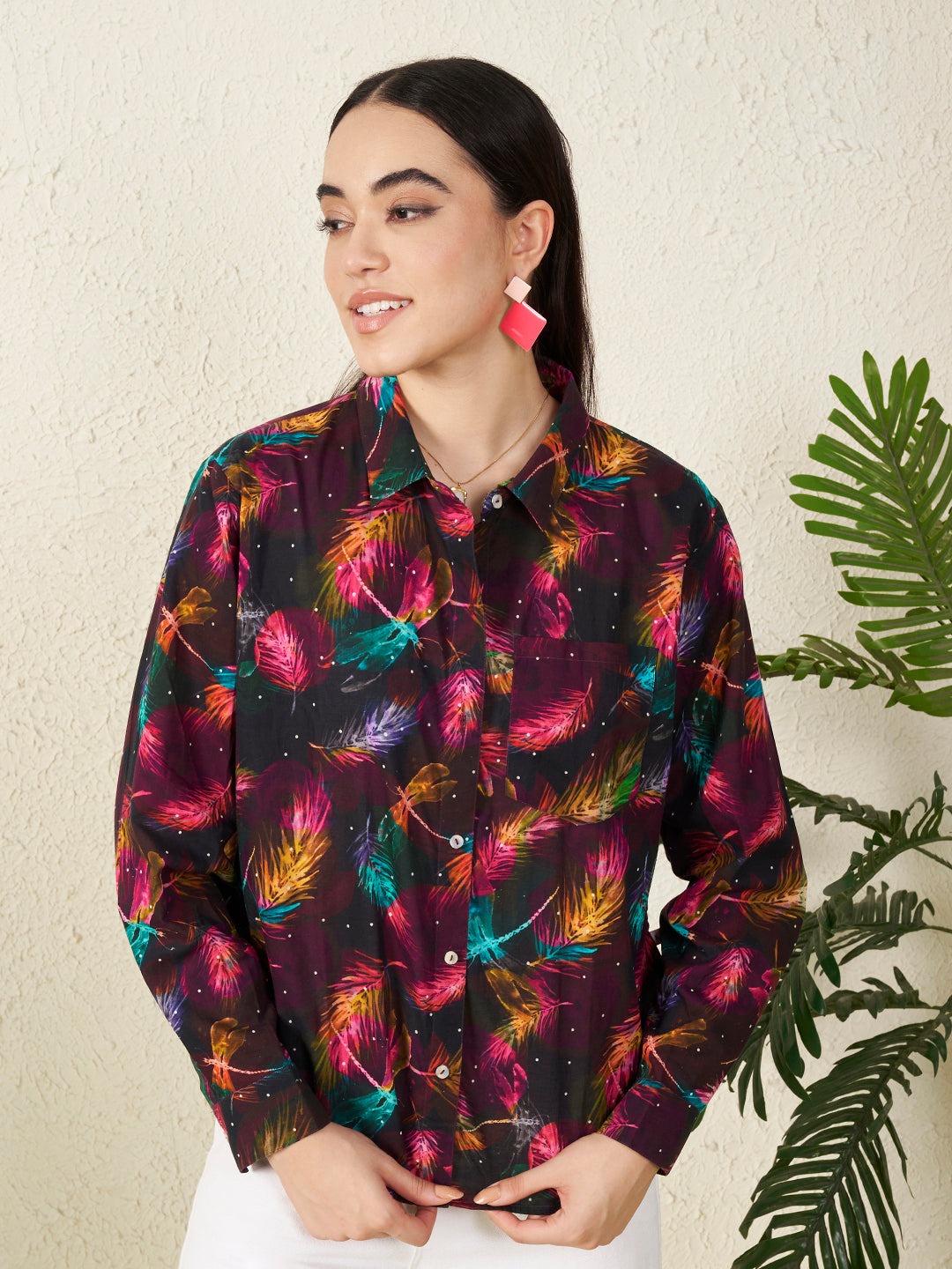 Women’s Black Multicolor Feather Print Shirt