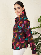 Women’s Black Multicolor Feather Print Shirt