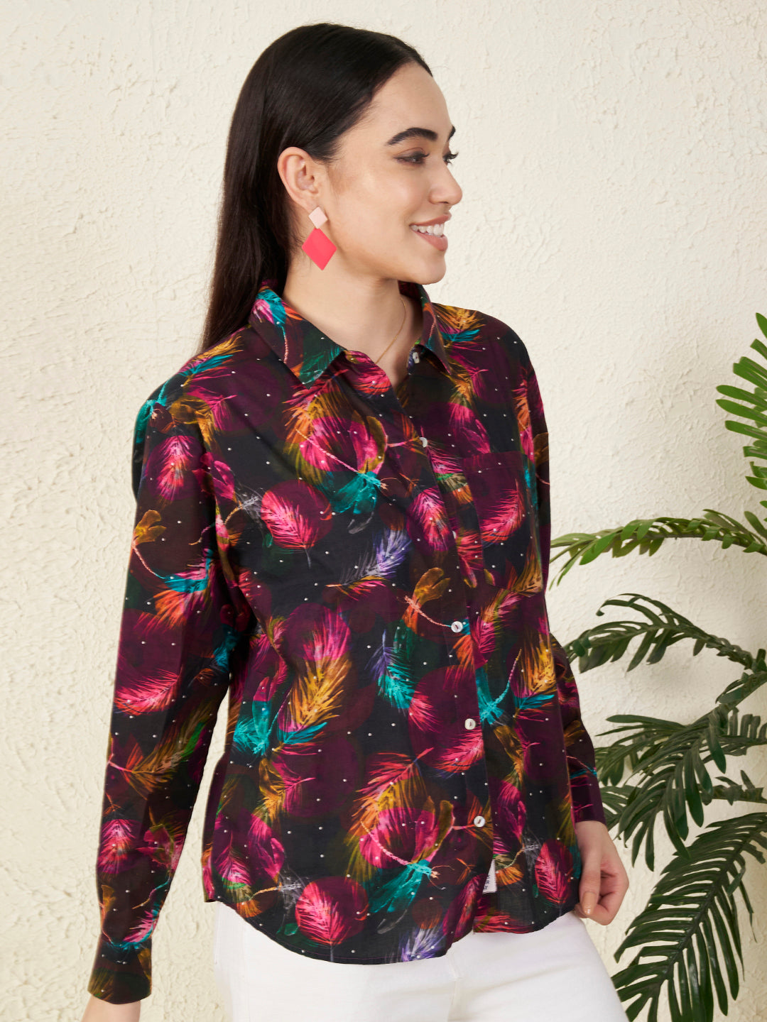 Women’s Black Multicolor Feather Print Shirt