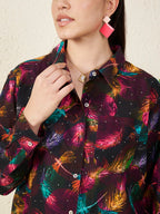 Women’s Black Multicolor Feather Print Shirt