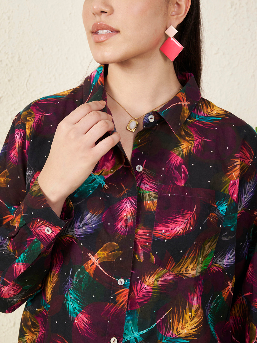 Women’s Black Multicolor Feather Print Shirt
