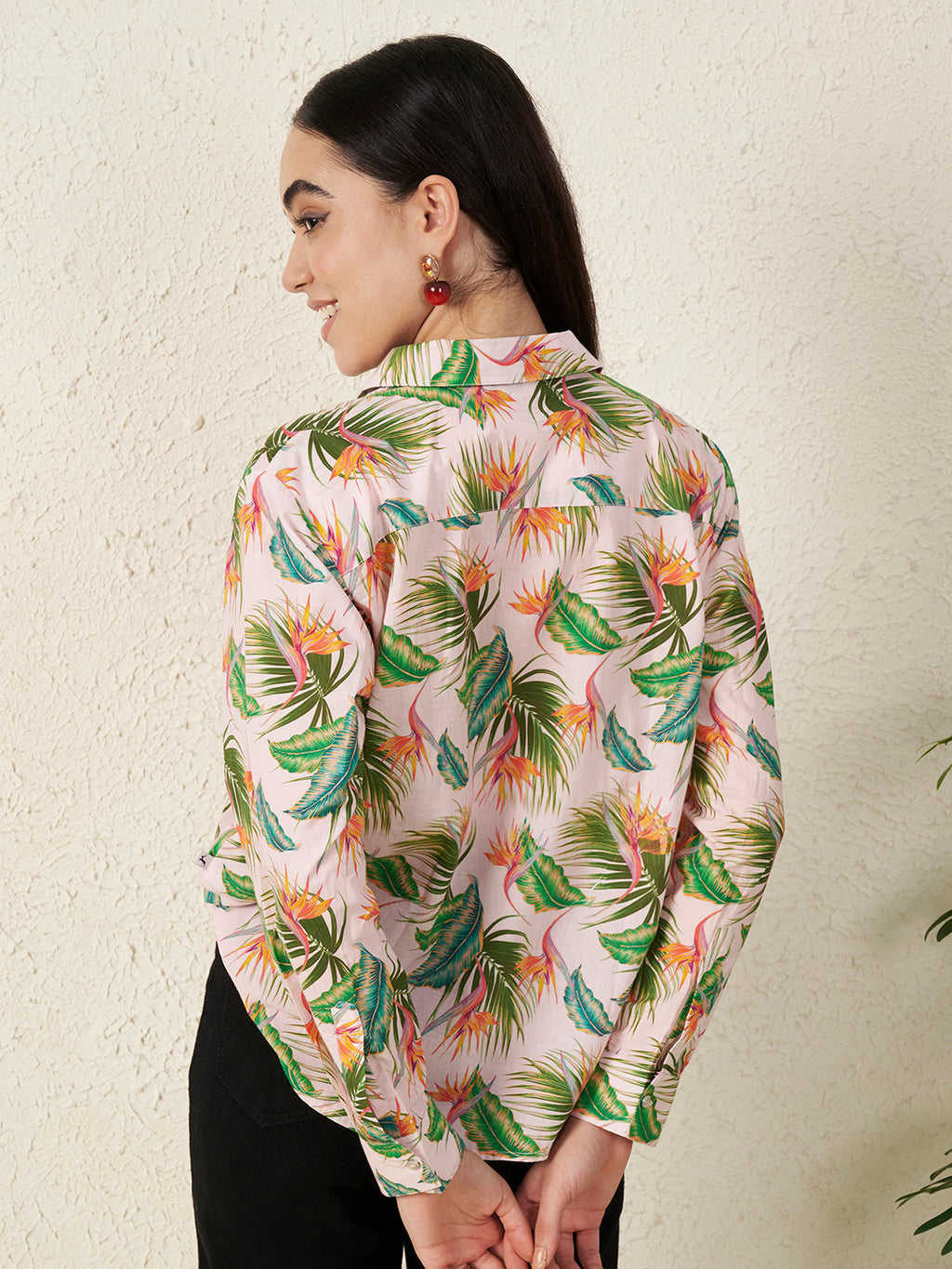 Women’s Pink Tropical Leaf & Floral Print Shirt