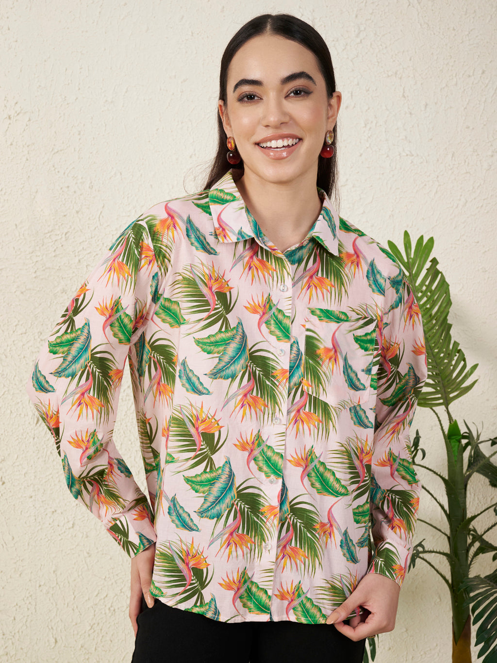 Women’s Pink Tropical Leaf & Floral Print Shirt
