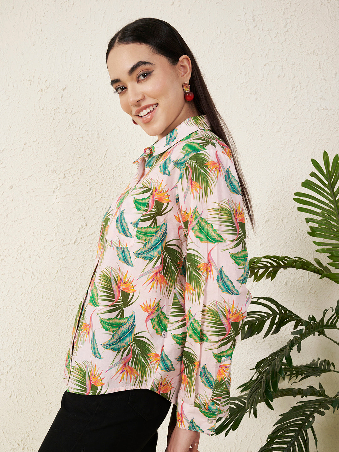 Women’s Pink Tropical Leaf & Floral Print Shirt