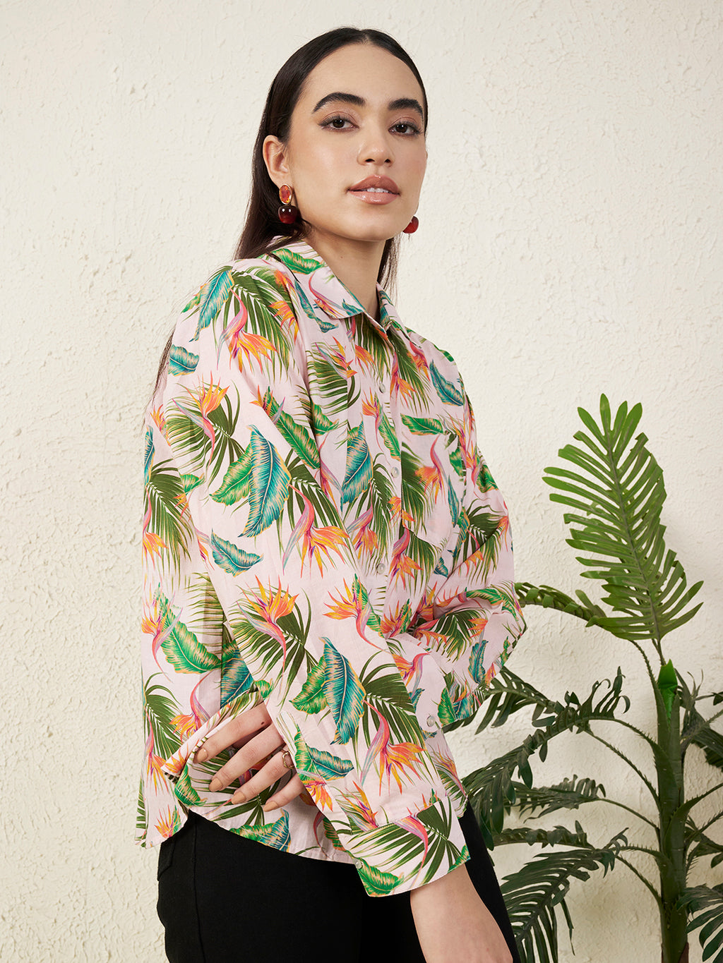Women’s Pink Tropical Leaf & Floral Print Shirt