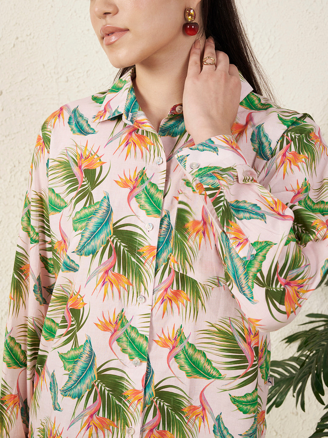 Women’s Pink Tropical Leaf & Floral Print Shirt