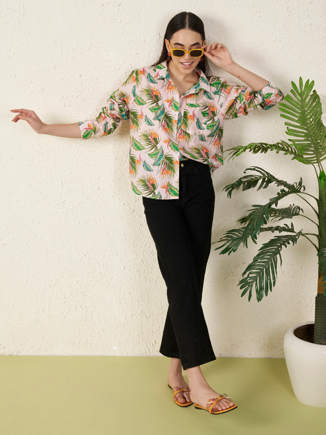 Women’s Pink Tropical Leaf & Floral Print Shirt