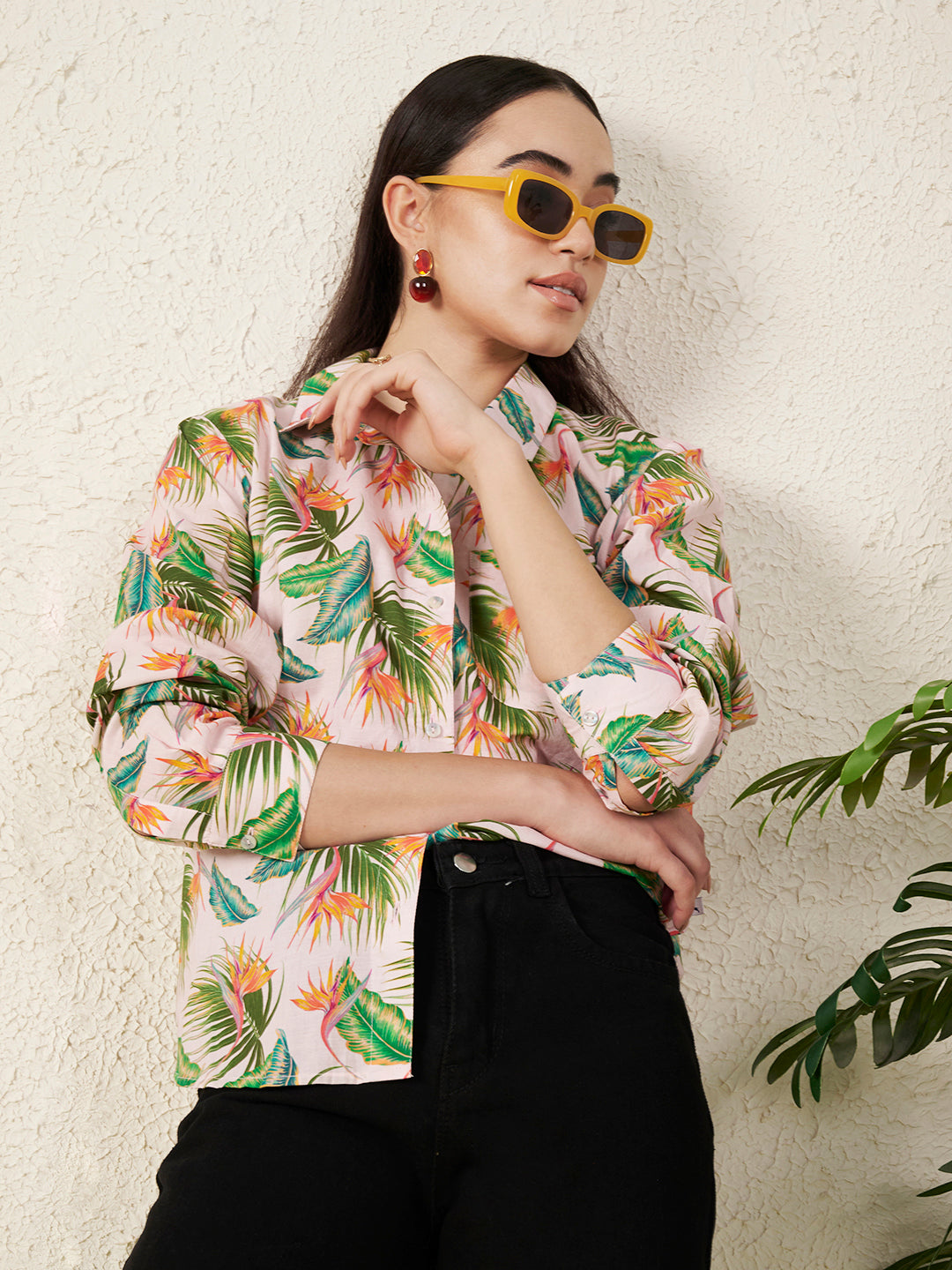 Women’s Pink Tropical Leaf & Floral Print Shirt