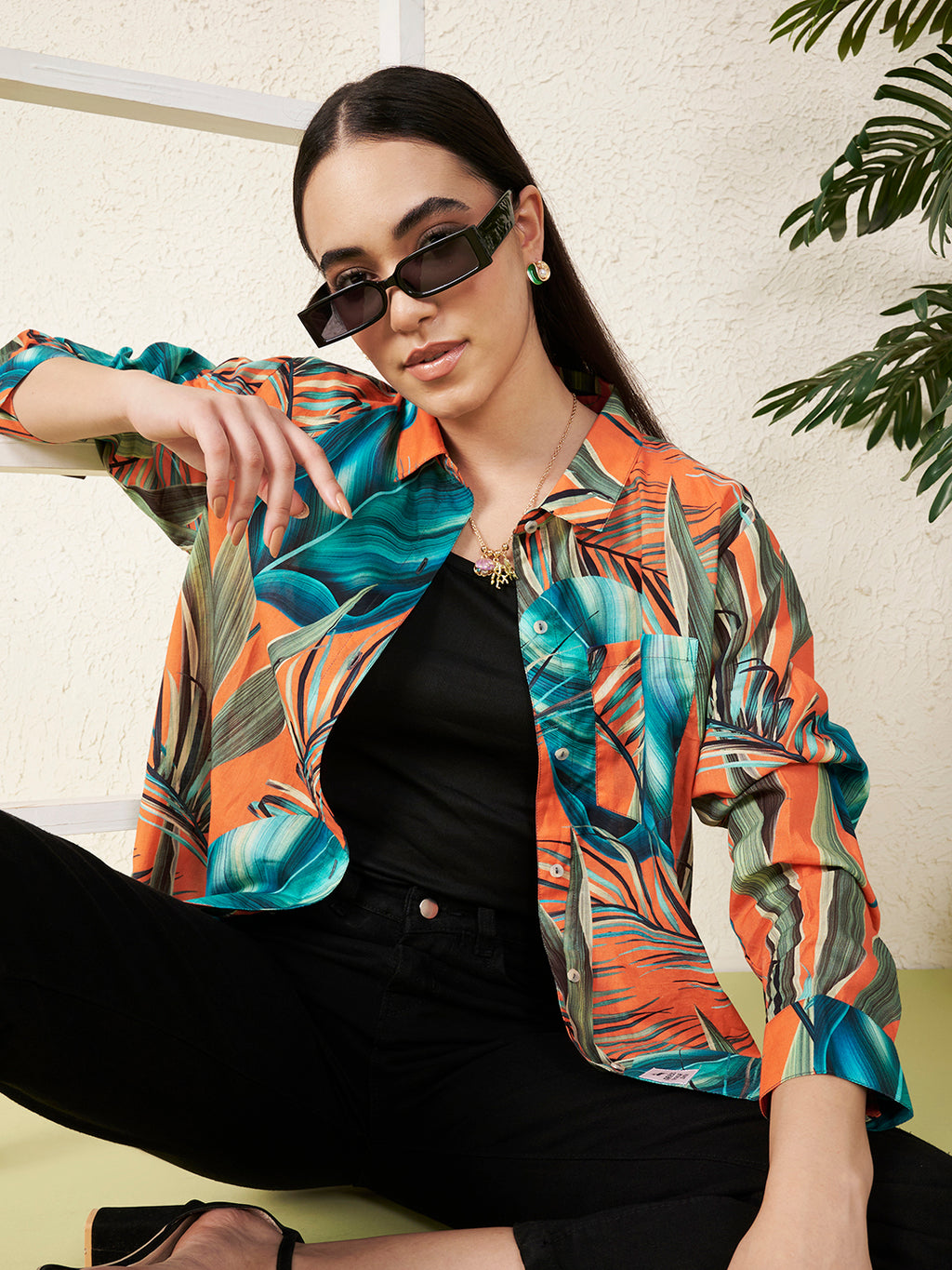 Women’s Orange Tropical Leaf Print Shirt