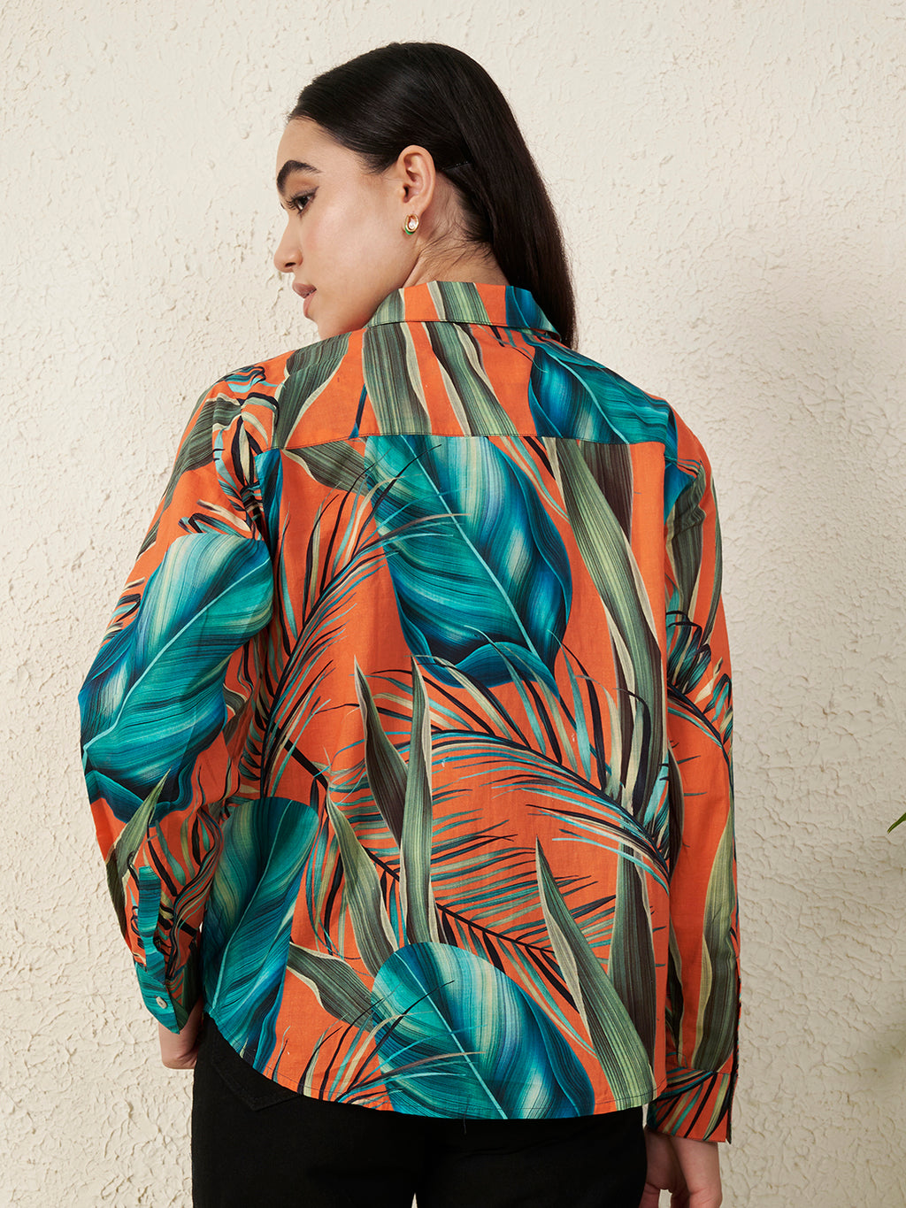 Women’s Orange Tropical Leaf Print Shirt