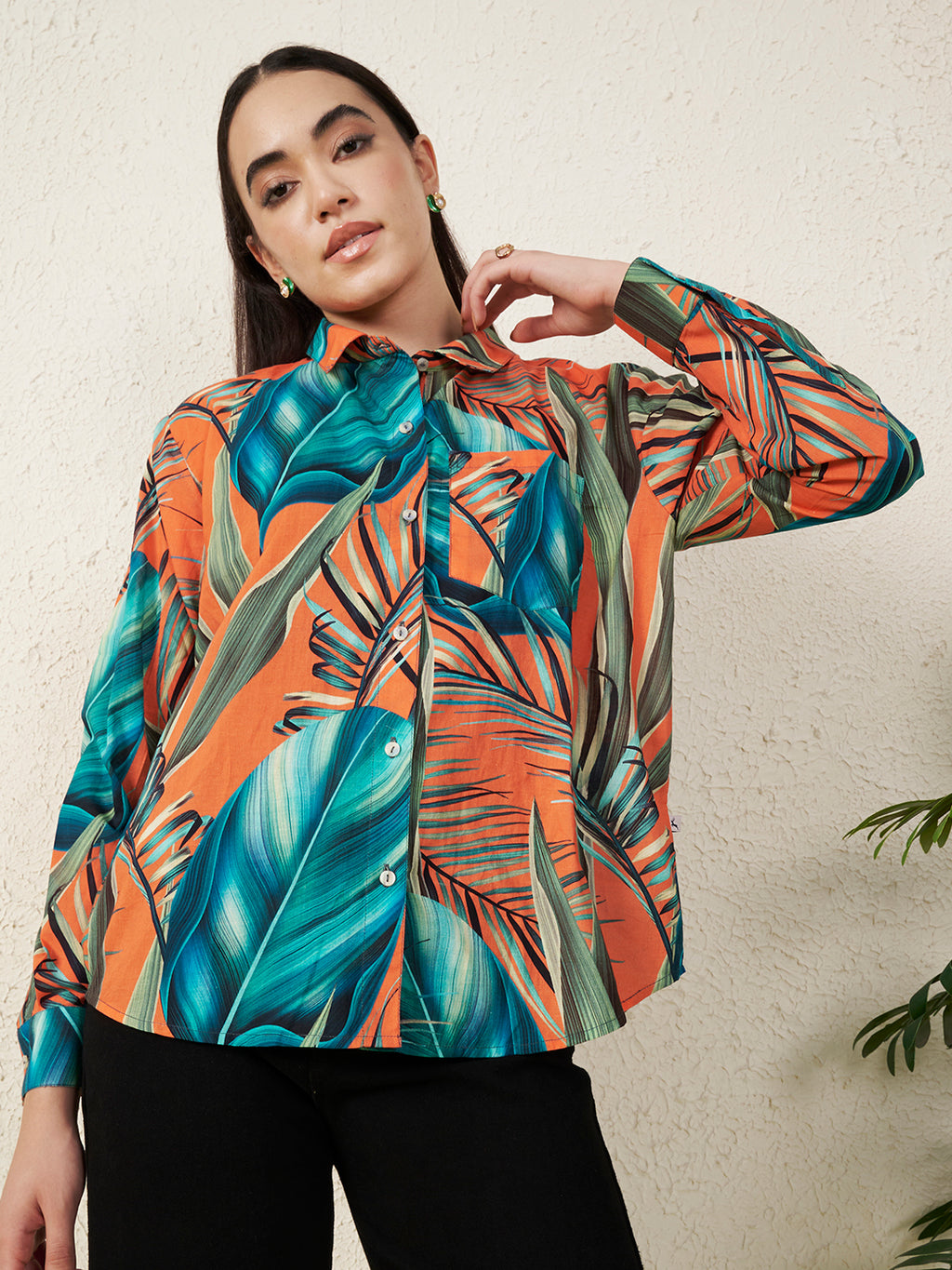 Women’s Orange Tropical Leaf Print Shirt