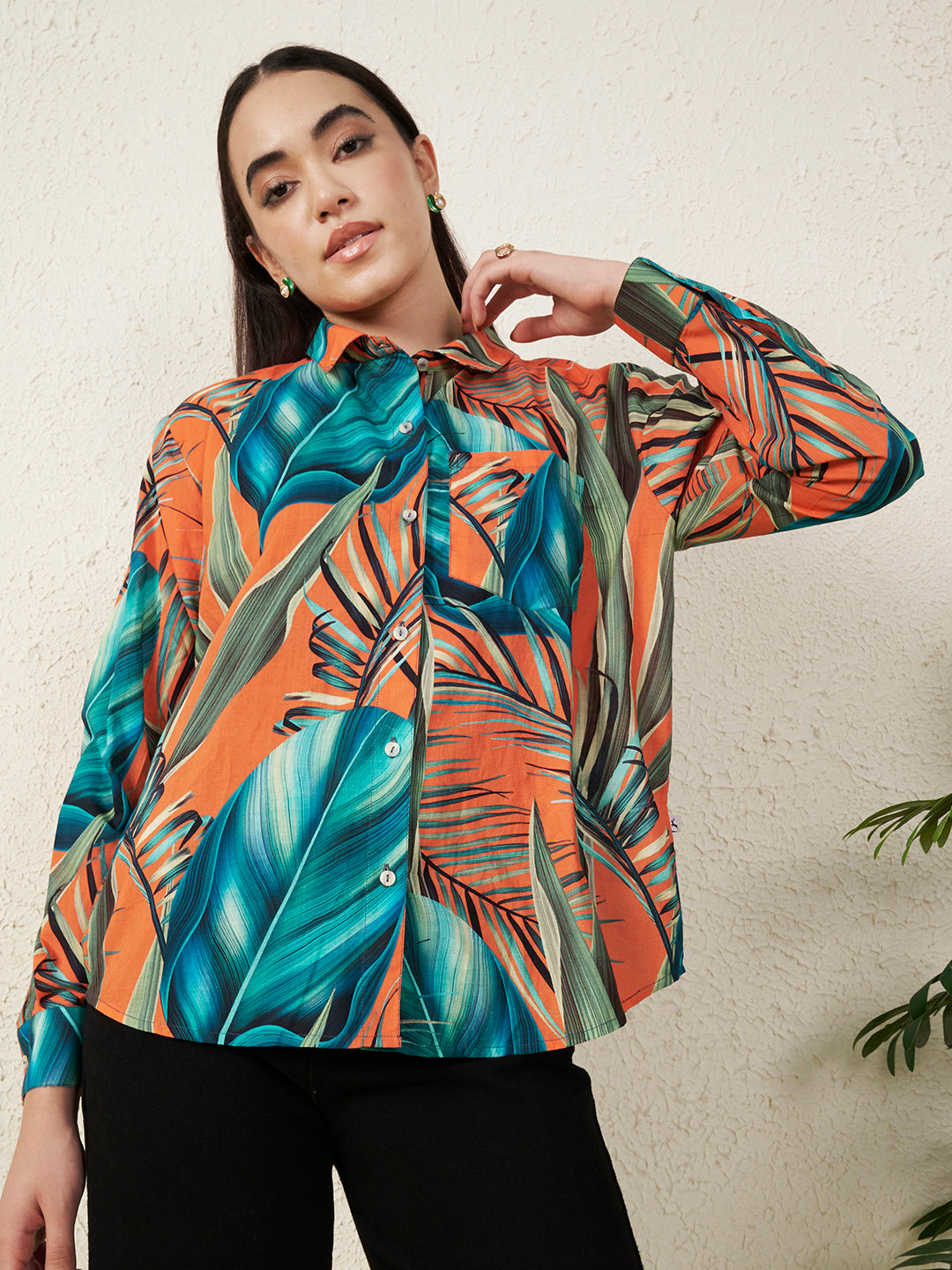 Women’s Orange Tropical Leaf Print Shirt