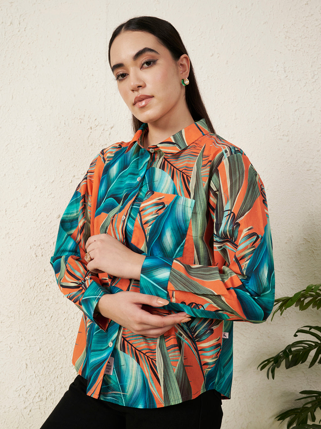 Women’s Orange Tropical Leaf Print Shirt