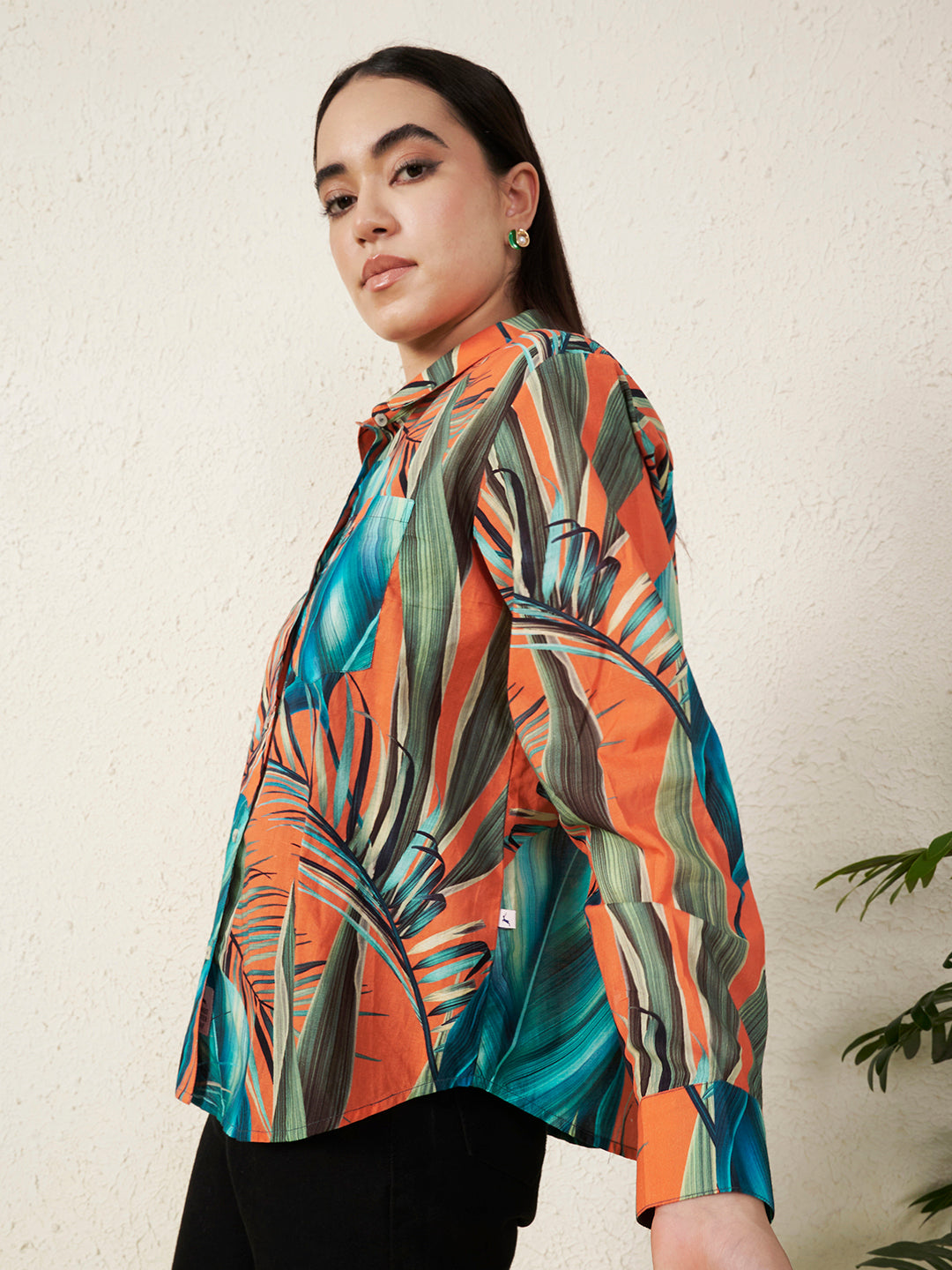 Women’s Orange Tropical Leaf Print Shirt