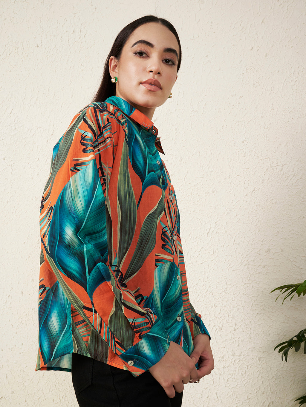 Women’s Orange Tropical Leaf Print Shirt