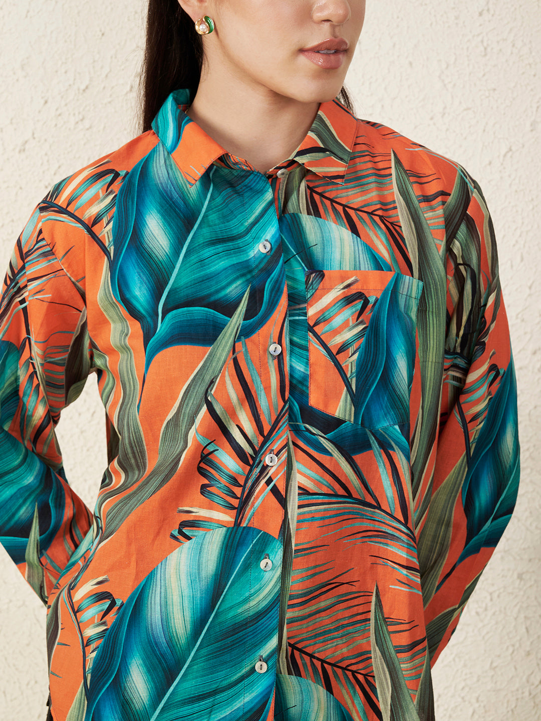 Women’s Orange Tropical Leaf Print Shirt