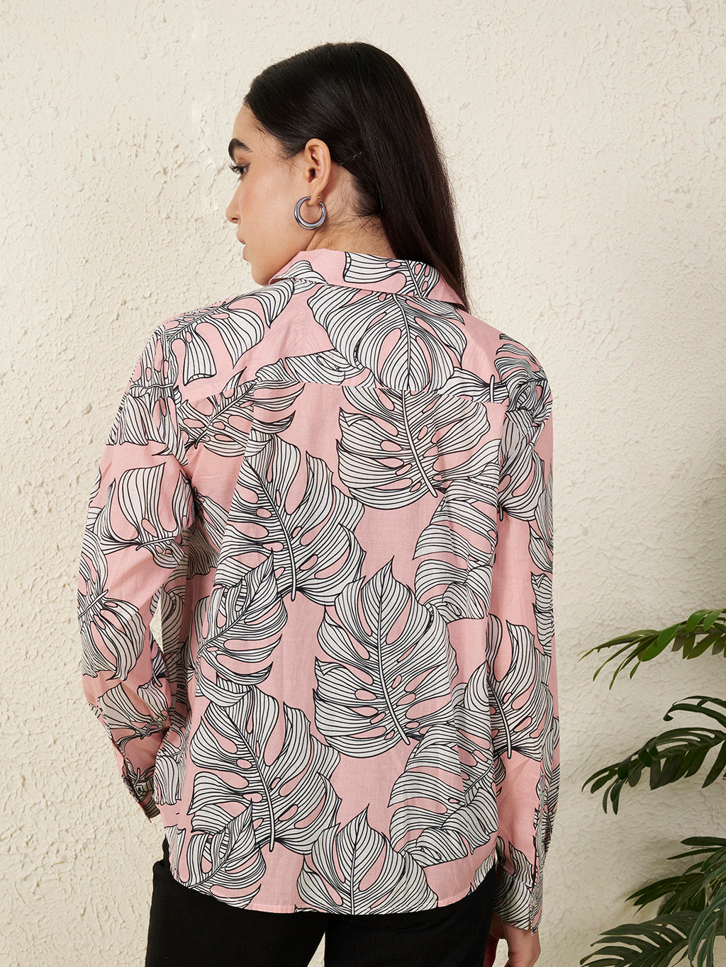 Women’s Pink Monstera Leaf Print Shirt