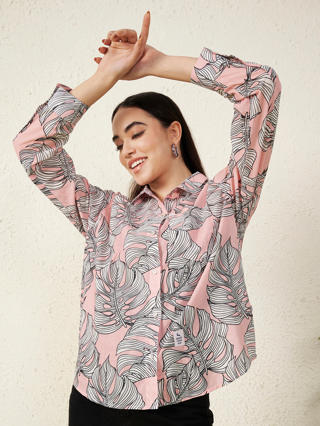 Women’s Pink Monstera Leaf Print Shirt