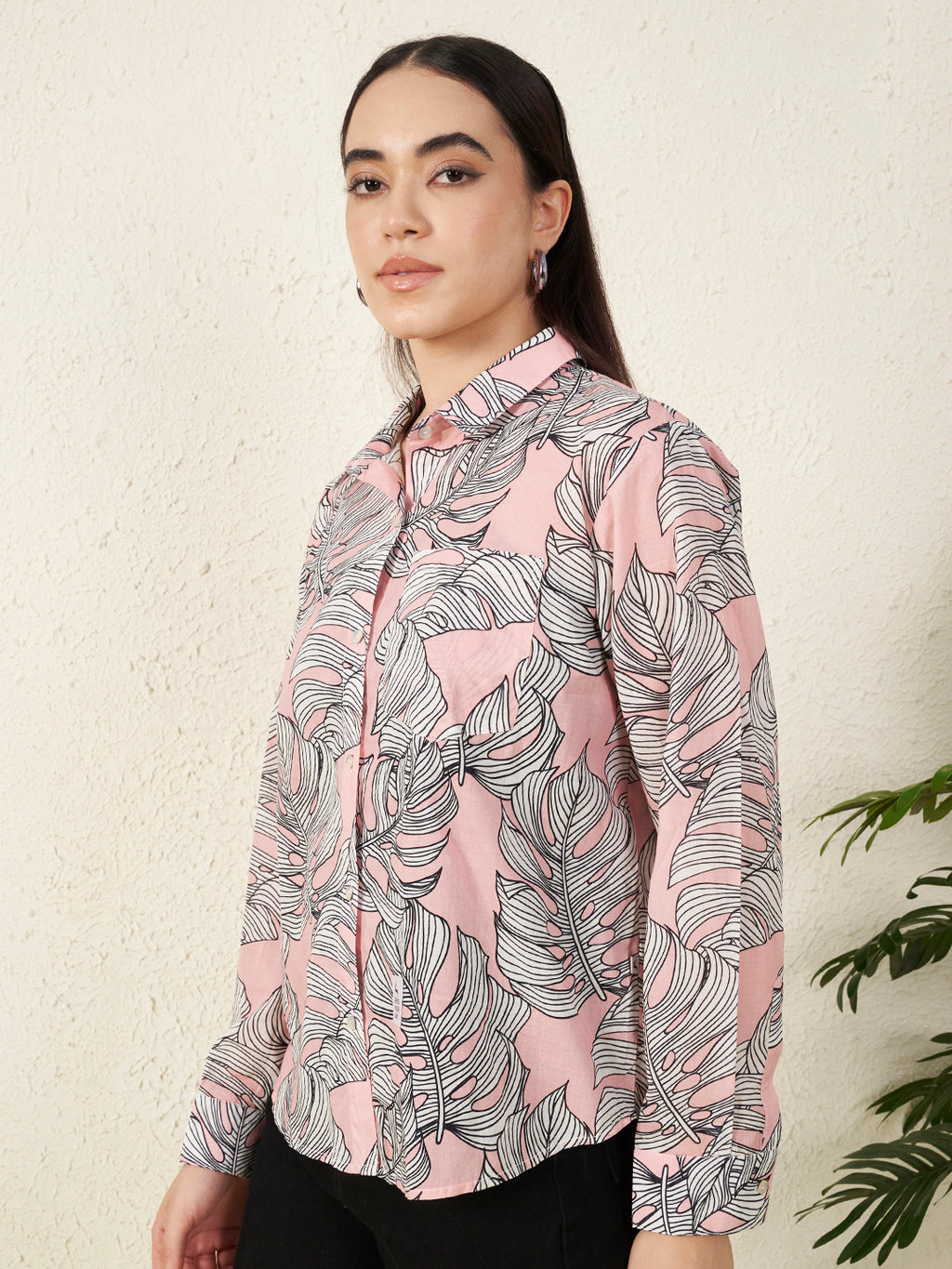 Women’s Pink Monstera Leaf Print Shirt