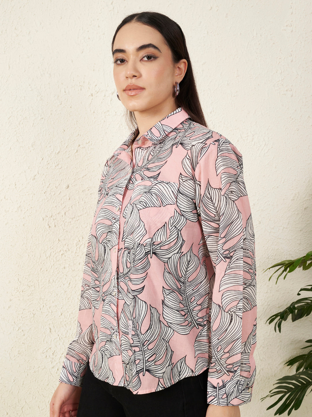 Women’s Pink Monstera Leaf Print Shirt