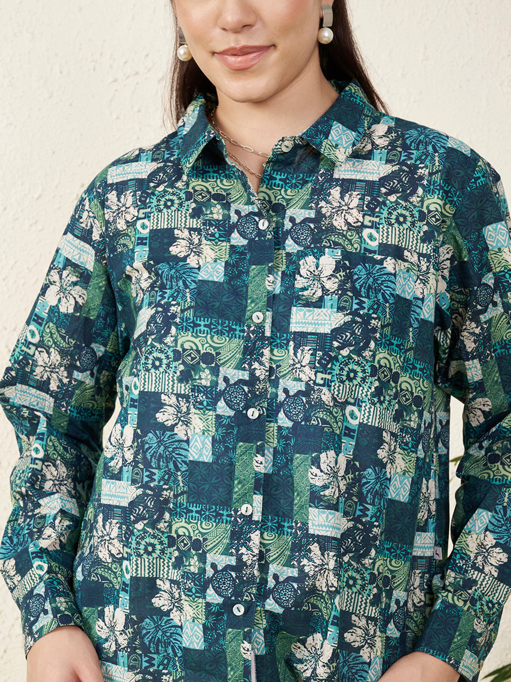 Women’s Blue & Green Patch Floral Print Shirt