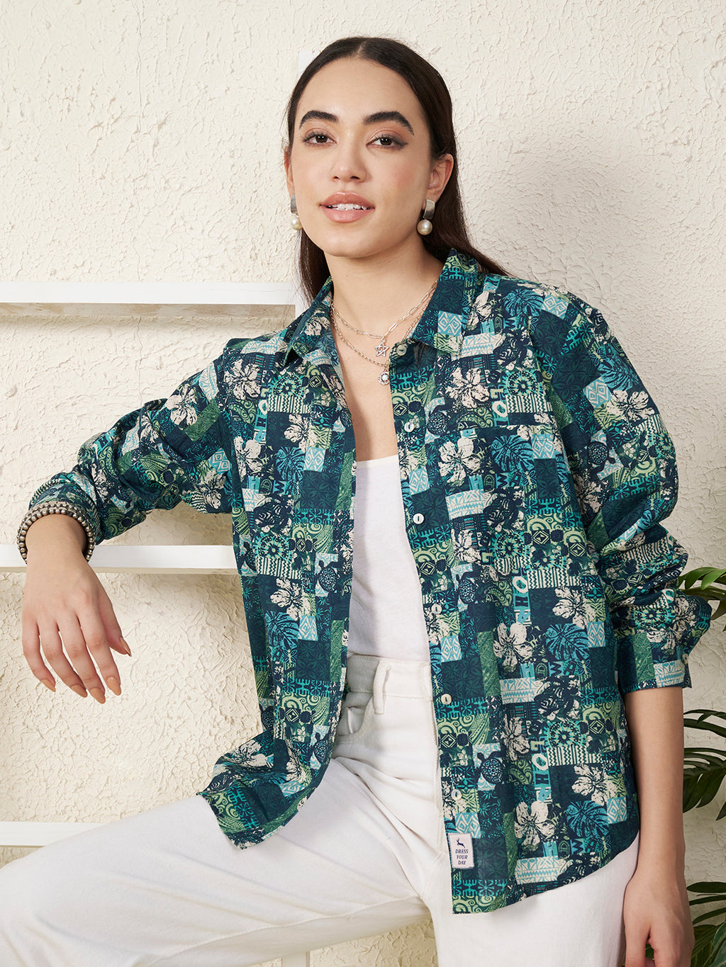Women’s Blue & Green Patch Floral Print Shirt
