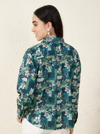 Women’s Blue & Green Patch Floral Print Shirt