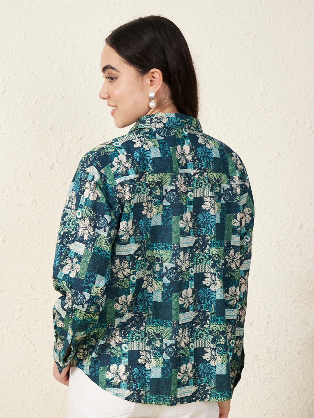 Women’s Blue & Green Patch Floral Print Shirt